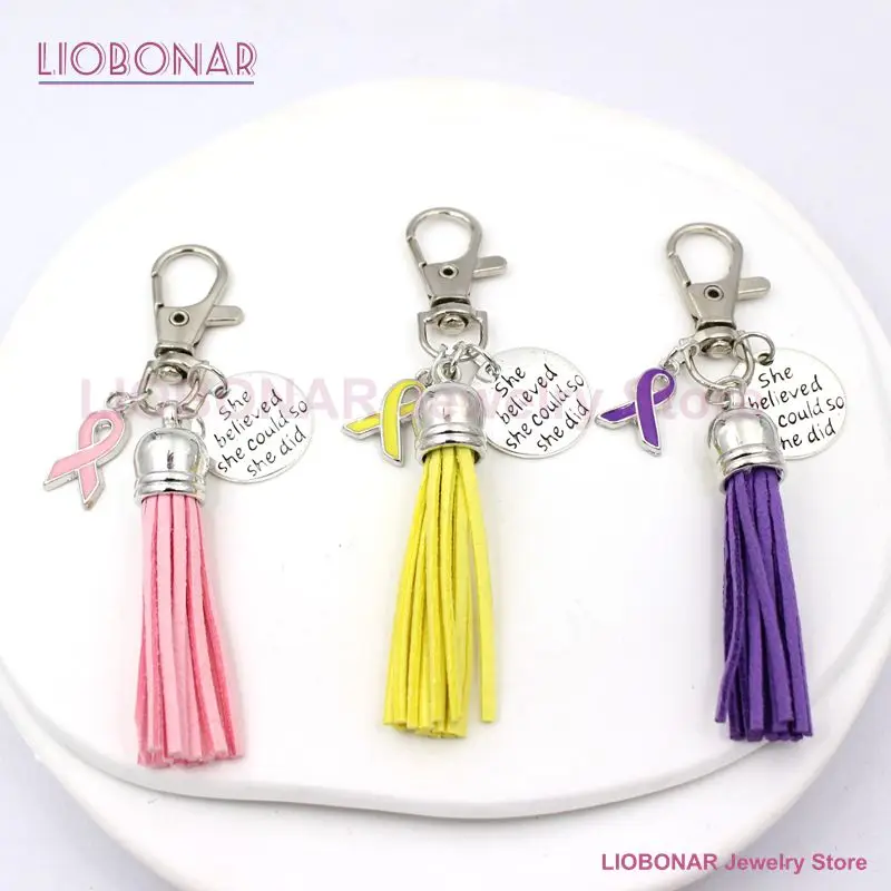 New Awareness Keychain Yellow Pink Ribbon Tassel She Believed Inspiration Charm Breast Cancer Key Rings Cancer Society