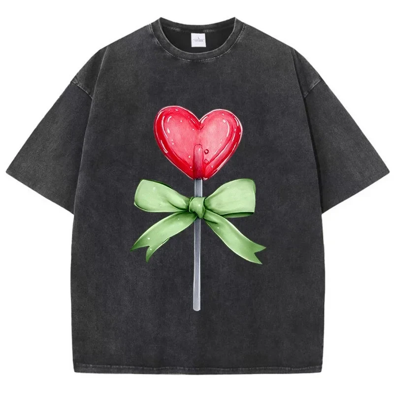 

Футболки с принтом Love Candy Bows, хлопковые, с эффектом потертости, с круглым вырезом, удобные топы, летняя повседневная мужская одежда