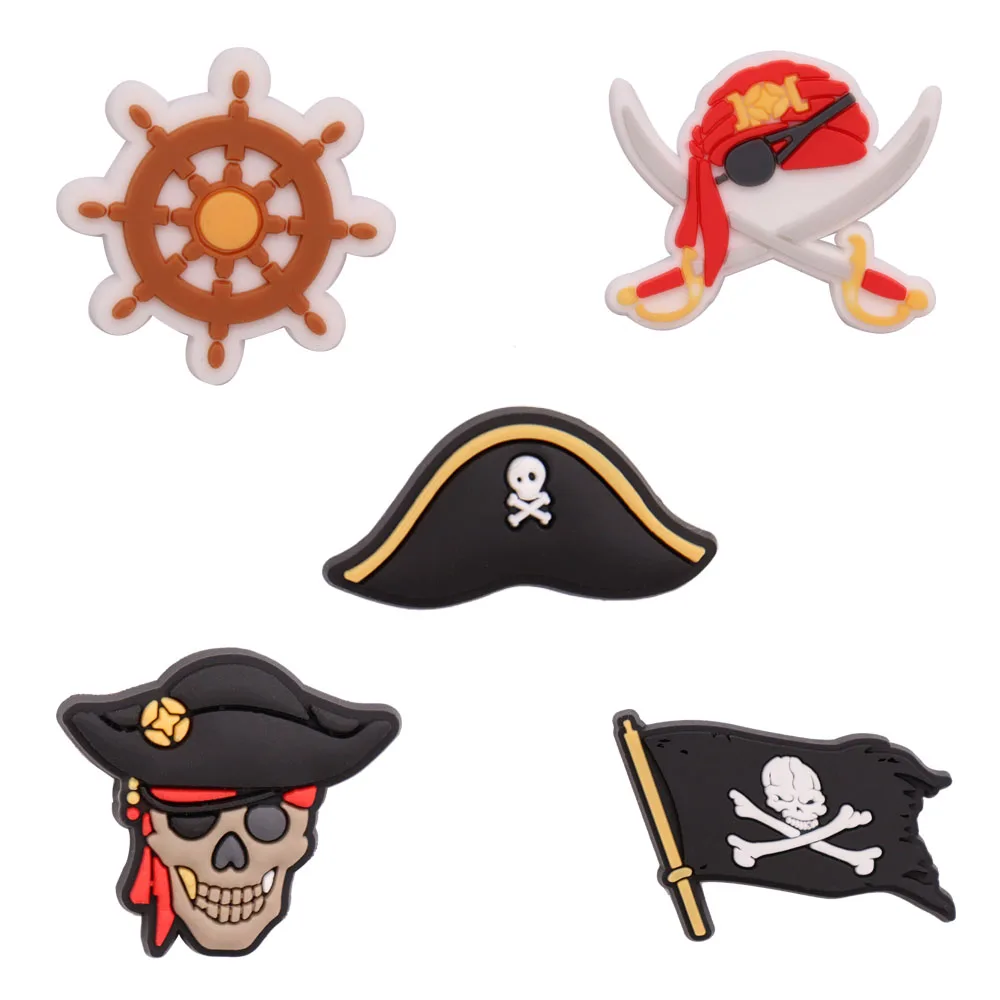 

5pcs Cartoon Pirate Hat Flag Skull PVC Shoe Charms Garden Shoes Button Decoration Sandals Slipper Accessories Holiday Present