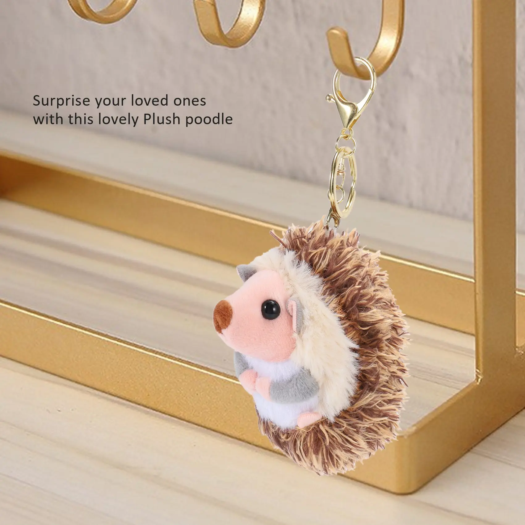 Lindo llavero de peluche de erizo, llavero con colgante para teléfono móvil, anillo con pompón de erizo, colgante de juguete de peluche, regalos de piel de Anime marrón