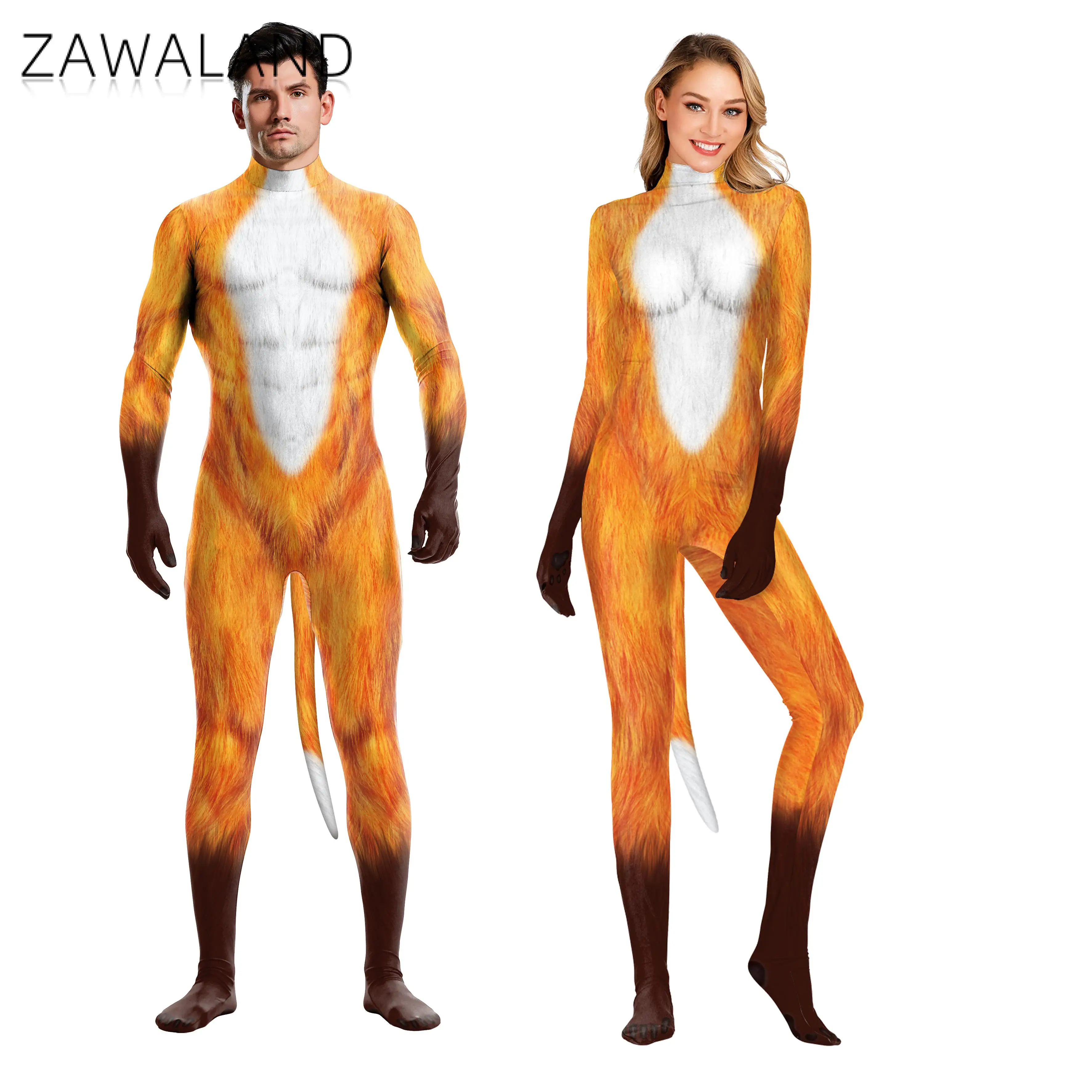 Zawaland Halloween interi costumi Cosplay animale copertura completa volpe 3D stampato fantasia Catsuit adulto Unisex tuta Zentai