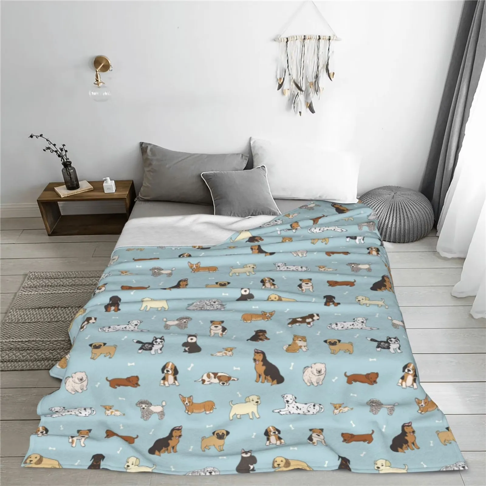 Doodle Puppy Cartoon Fleece Throw Blanket Soft Plush Fluffy Cozy Bed Sofa Cover