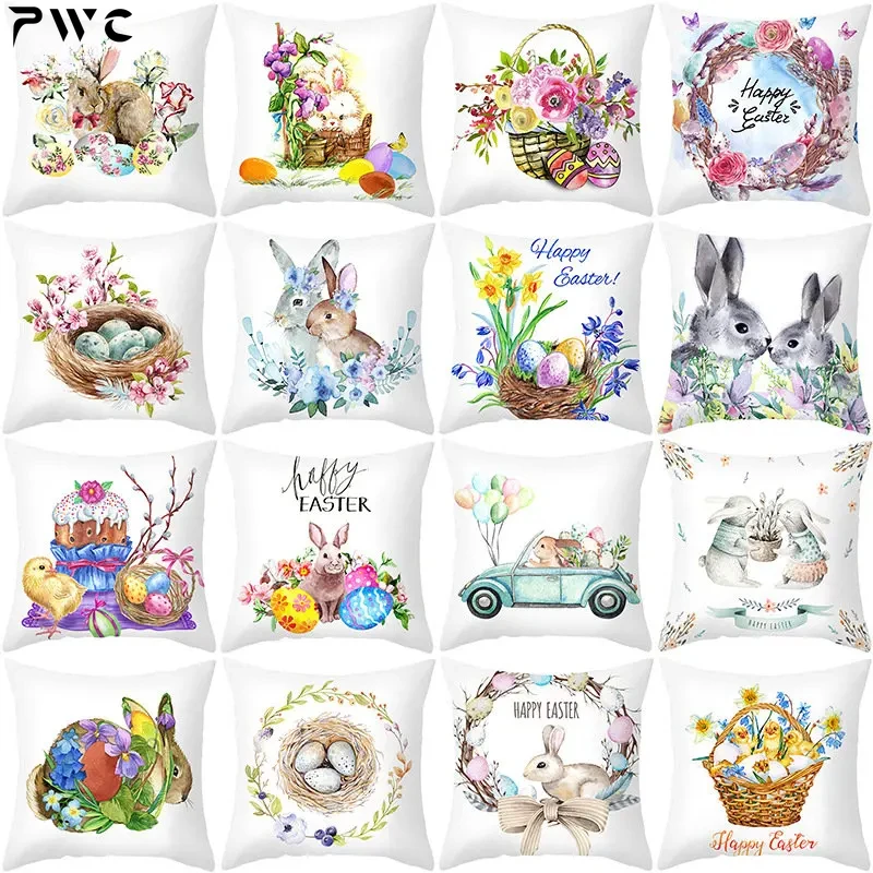 

Home Decor Spring Cushion Covers Happy Easter Egg Bunny Decorative Pillowcases Flower Bunny Print Pillowcases funda de almohada