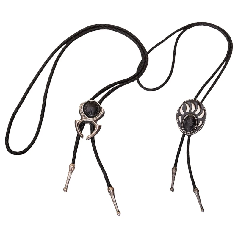 Cowboy Leather Cord Bolo Tie with Bear's Paws and Stone Pendant for Men and Women Adjustable Necktie Jewelry Drop Shipping