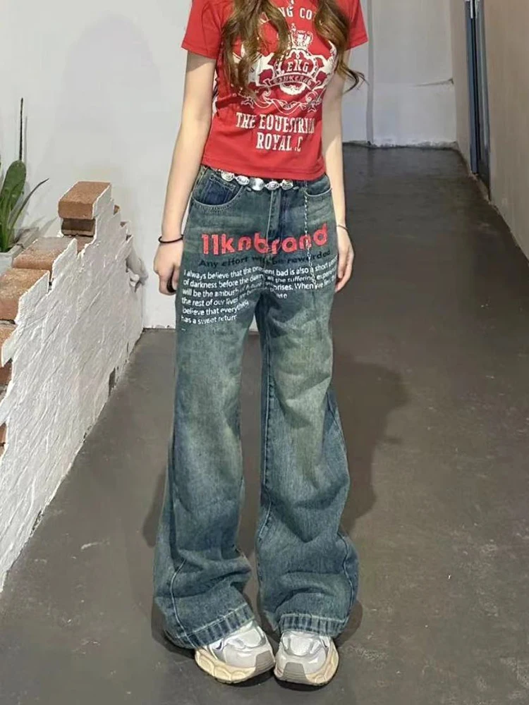 

Осенние новые свободные прямые широкие брюки в стиле хип-хоп в американском стиле, модные джинсы в стиле ретро с буквенным принтом