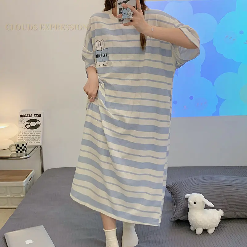 Summer Knitted Cotton Jacquard Kawaii Girls Striped Sleep Dress Women Nightgowns Nighttie Sleepshirts Lady Dresses Home Fashion