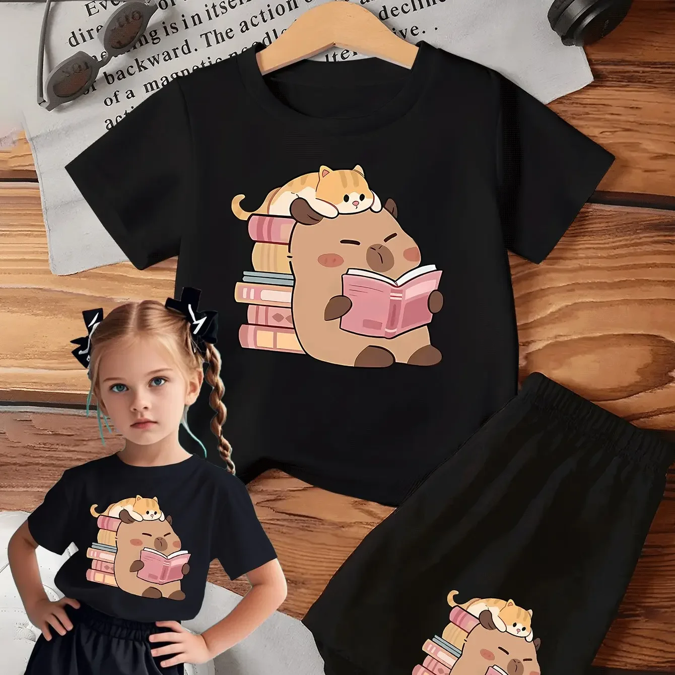 

2pcs Girls' Casual Summer Outfit Set - Cute Cartoon Character Print Short Sleeve T-Shirt & Matching Shorts