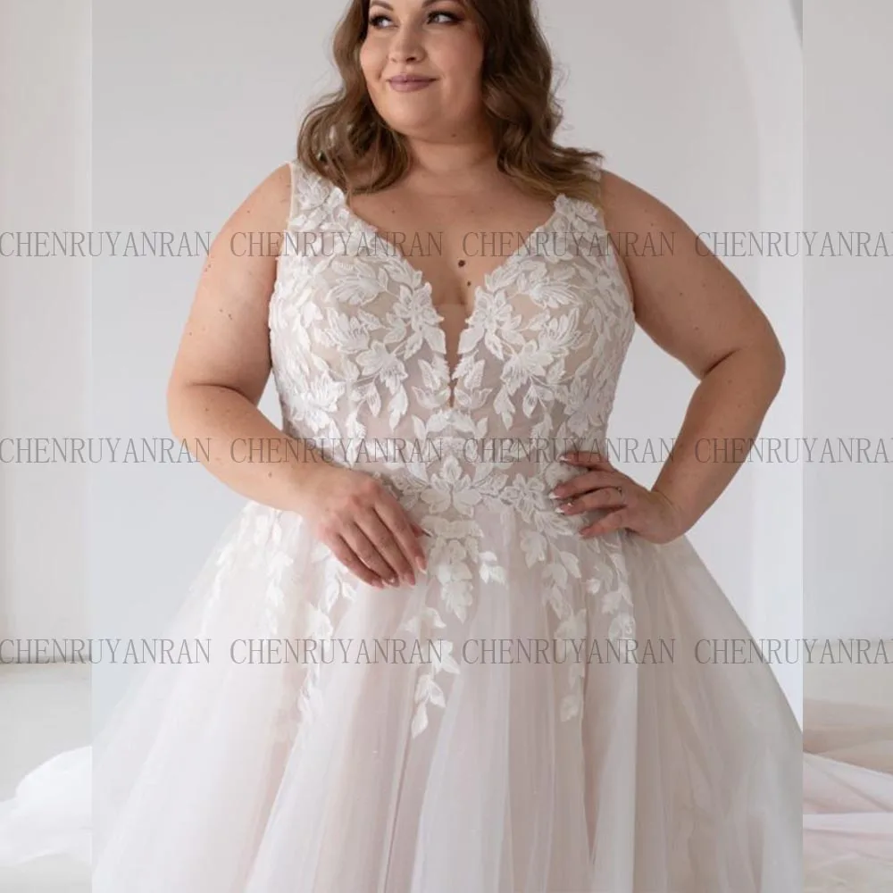 Plus Size Wedding Dresses For Bride V-neck Applique A-Line Bridal Gowns Tulle Lace Ruffle Sleeves Brides dress Customized