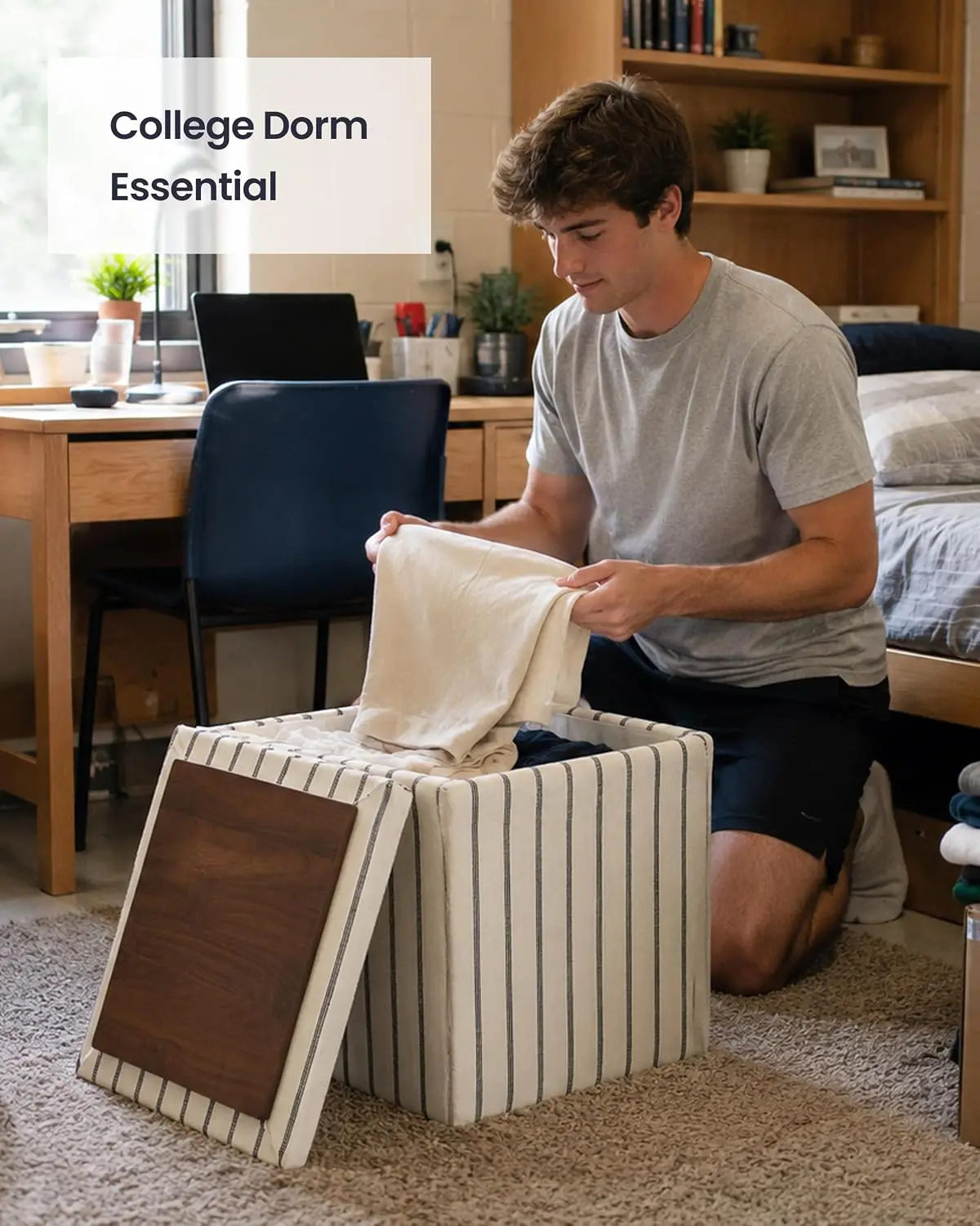 Striped Storage Ottoman with Tray Lid, 3-in-1 Coffee Table & Footrest for Living Room & Dorm, High-Density Foam, Customized