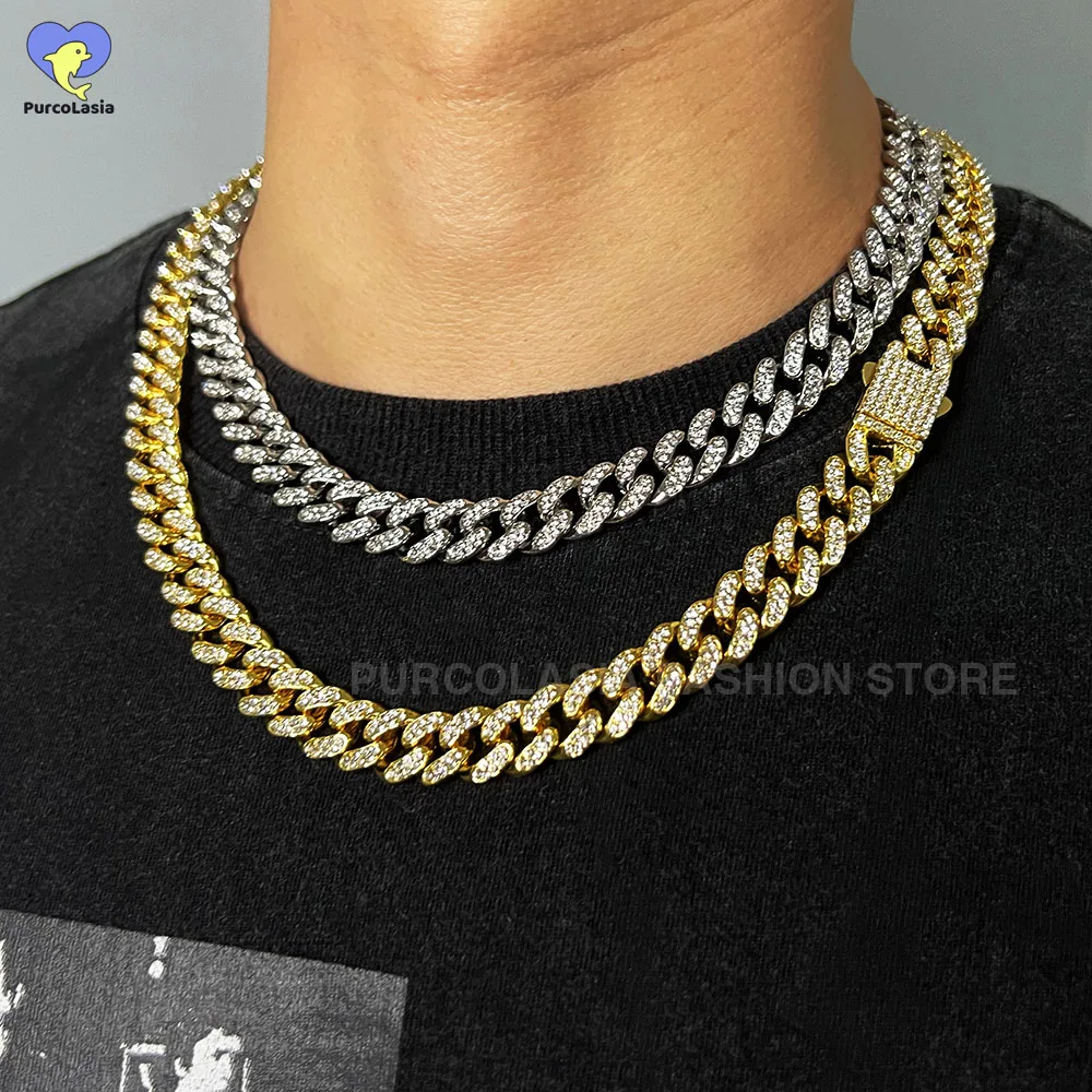 Hip Hop Men Women Cuban Link Chain Bling Iced Out Rhinestone Paved Miami Necklace Spring Buckle Jewelry