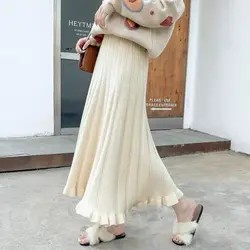Korean Fashion Autumn Winter New Women's Solid Ruffles Pleated Elastic High Waist Elegant Chic Loog Thicken A-line Knitted Skirt