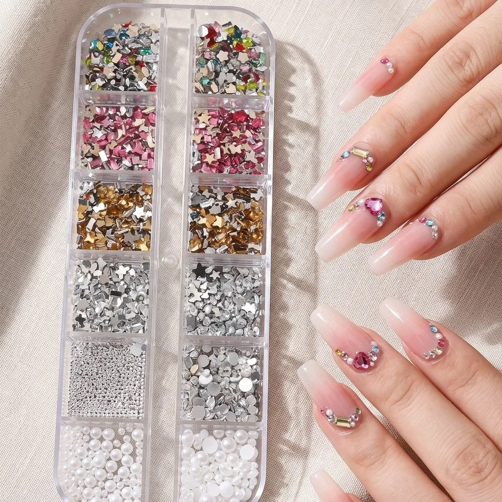 12 Grids Nail Rhinestone Kit Flat Bottom Silver Caviar Beads Nail Art Charms Mixed Mini Size Clear Gems Manicure Accessories