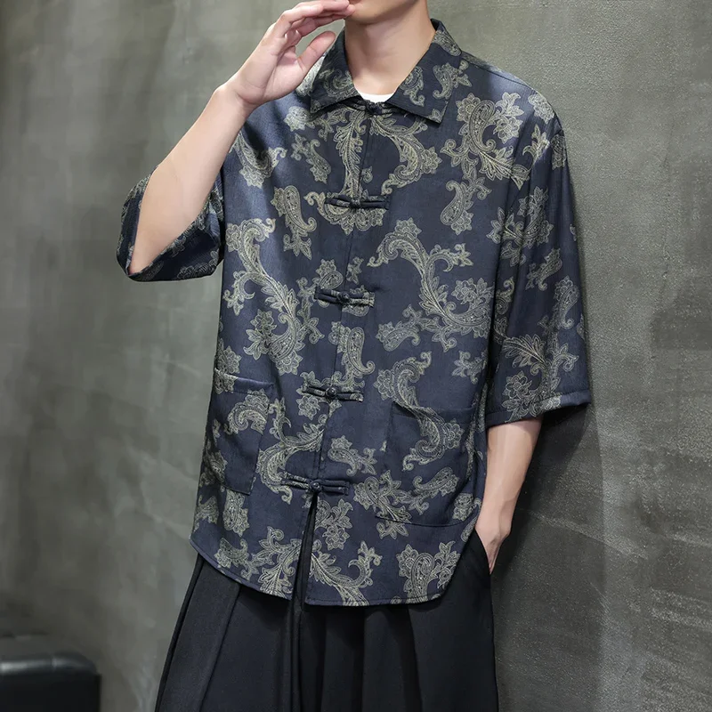 ขนาดใหญ่ 3XL 4XL 5XL Tang เสื้อผ้าสไตล์จีนวินเทจฤดูร้อน icesilk เสื้อแจ็คเก็ตชาย Tai Chi Kung Fu เสื้อผ้าพิมพ์เสื้อ
