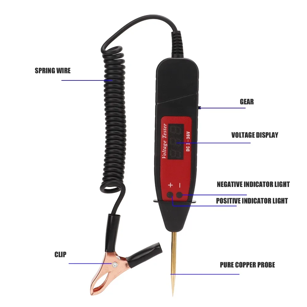 LCD Digital Display Circuit Tester Pen ABS + Copper Probe Spring Wire Voltage Test Pen DC 3-36V Polarity Indicator
