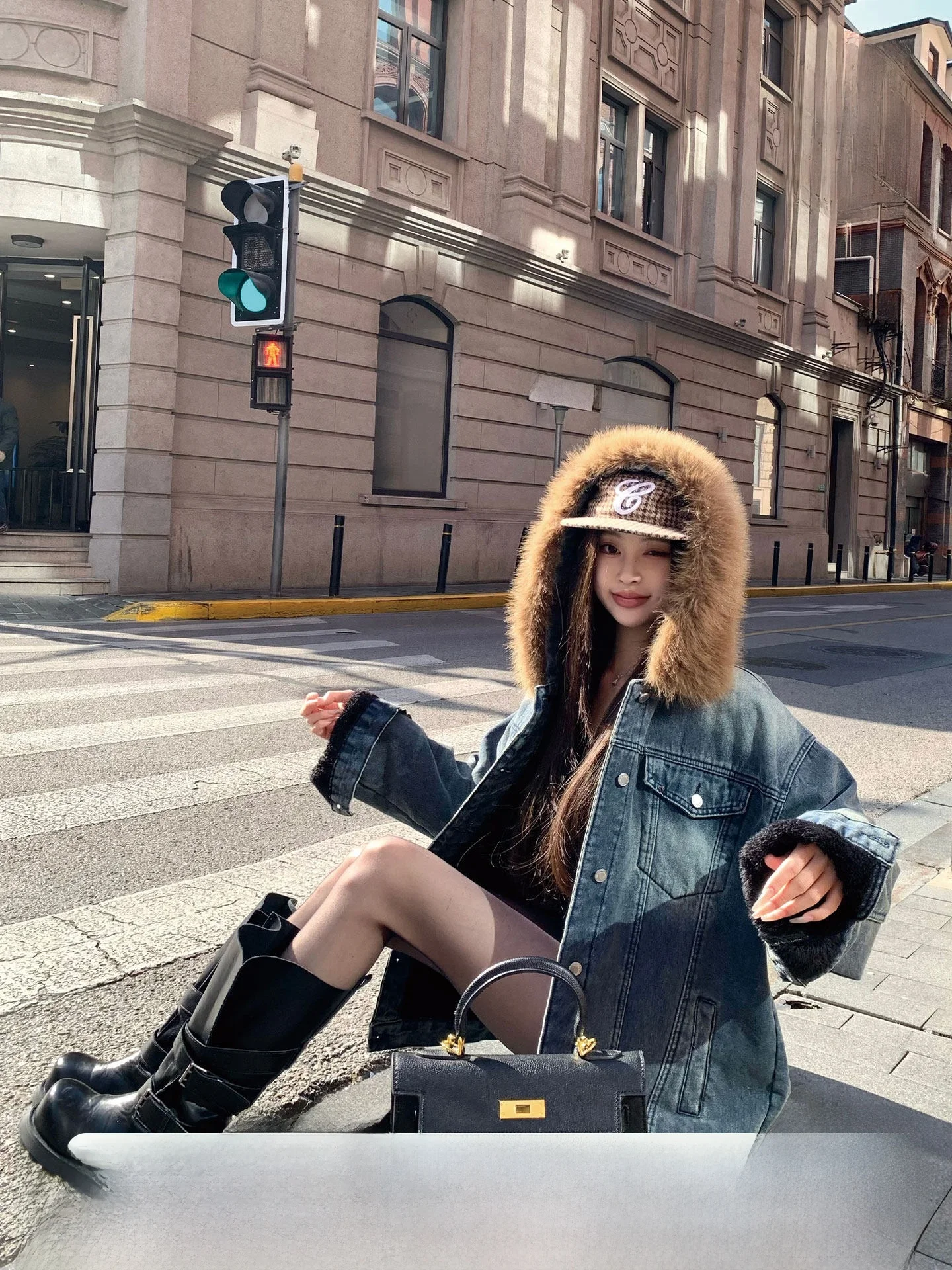 

Okaaay Lazy Winter Vintage Waed Detachable Fur Collar Fce Lined Casual Denim Jaet Women's Stand Fit Long Sve Coat