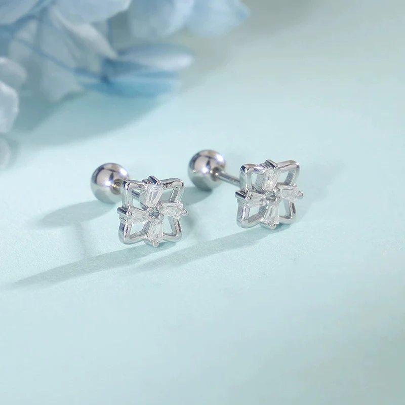 Zircon Studded Clover Screw Earrings Hollowed Out Four-pointed Star Stud Earring Exquisite Compact Geometry Ear Jewelry KOFSAC