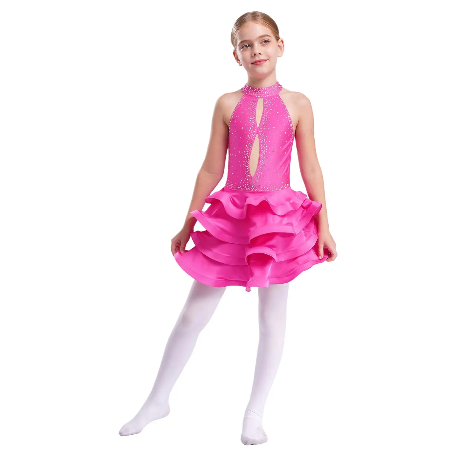 

Kids Girls Latin Jazz Rumba Samba Dance Performance Tutu Dress Costume Sleeveless Backless Shiny Tiered Ballroom Waltz Dancewear
