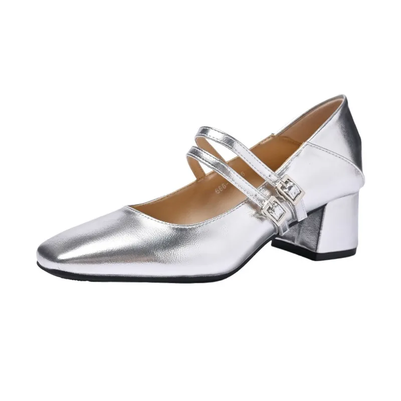 

Женские туфли Мэри Джейн на низком каблуке, серебристые, модные, элегантные, с пряжкой, удобные, в уличном стиле, кожаные