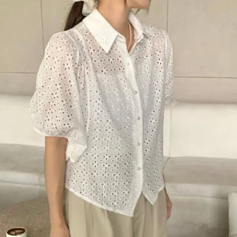 

Summer Short Sleeve Turn Down Collar Women Shirt White Black Hollow Out Cotton Shirts Blouse Women Tops Camisas Blusas XQ60