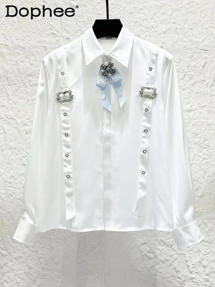 

2026 Men's Elegant Long Sleeve Chic Tops High-end Light Luxury Trendy Bow Shirts Men's Personalized Strap Design Ice Silk Shirts