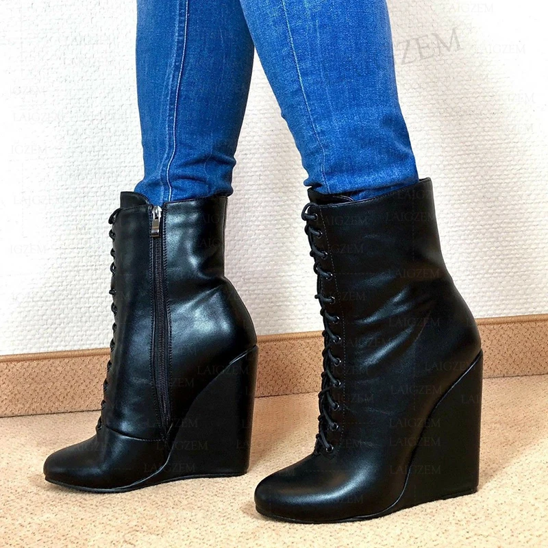 SEIIHEM Women Ankle Boots Wedges Round Toe High Heels Short Boots Side Zip Ladies Handmade Shoes Woman Plus Size 40 42 43 45 52