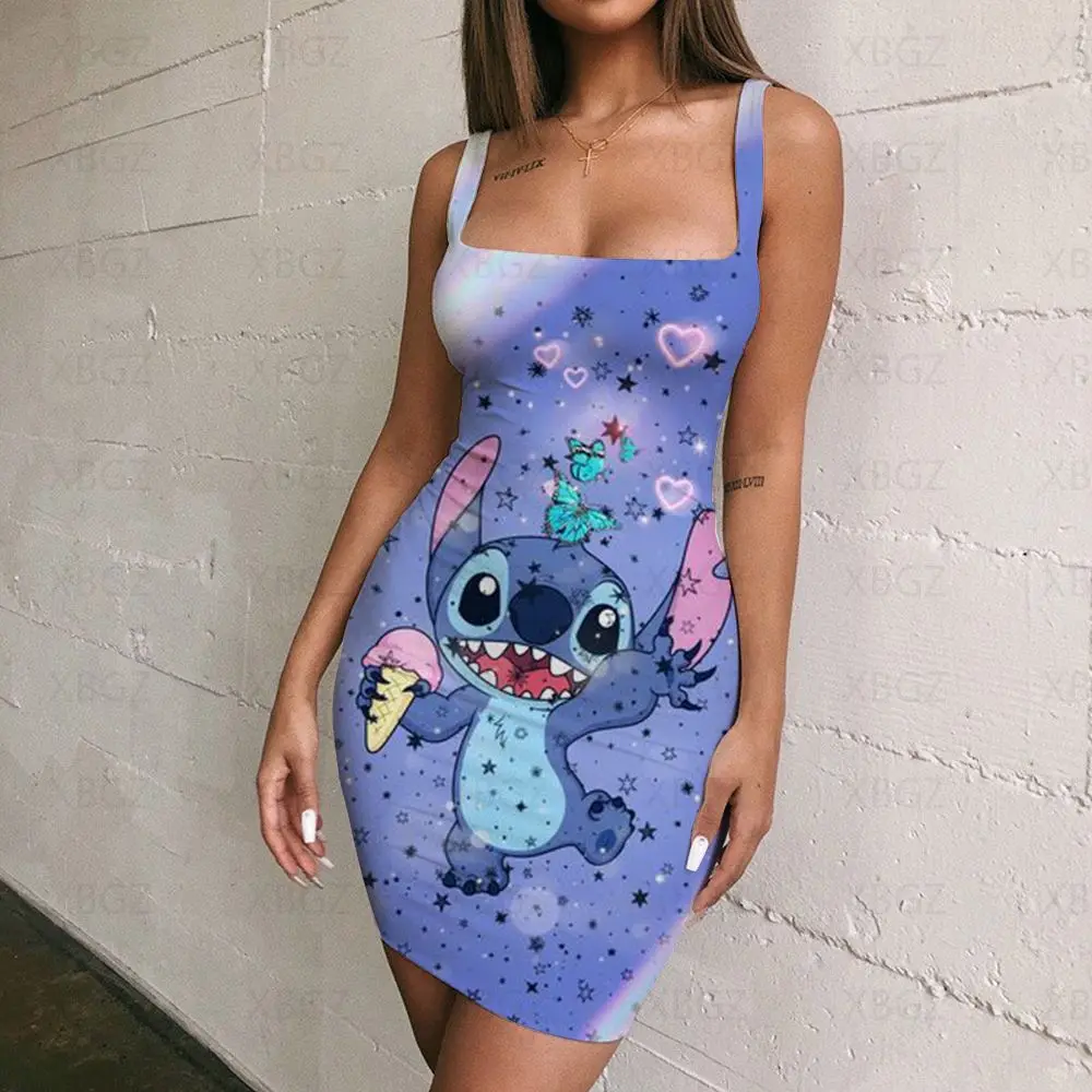 Disney Evening Dresses Fashion Prom Stitch Mini Dress Print Elegant Women Y2k Sling Woman Clothes Chic Sexy Summer 2024 Bodycon