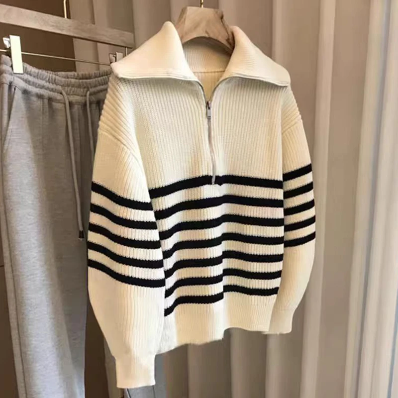 HELIAR Women Striped Loose Knit Sweater Casual Long Sleeve Zipper Polo Collar Sweaters Thickened Warm Pullovers Autumn Winter