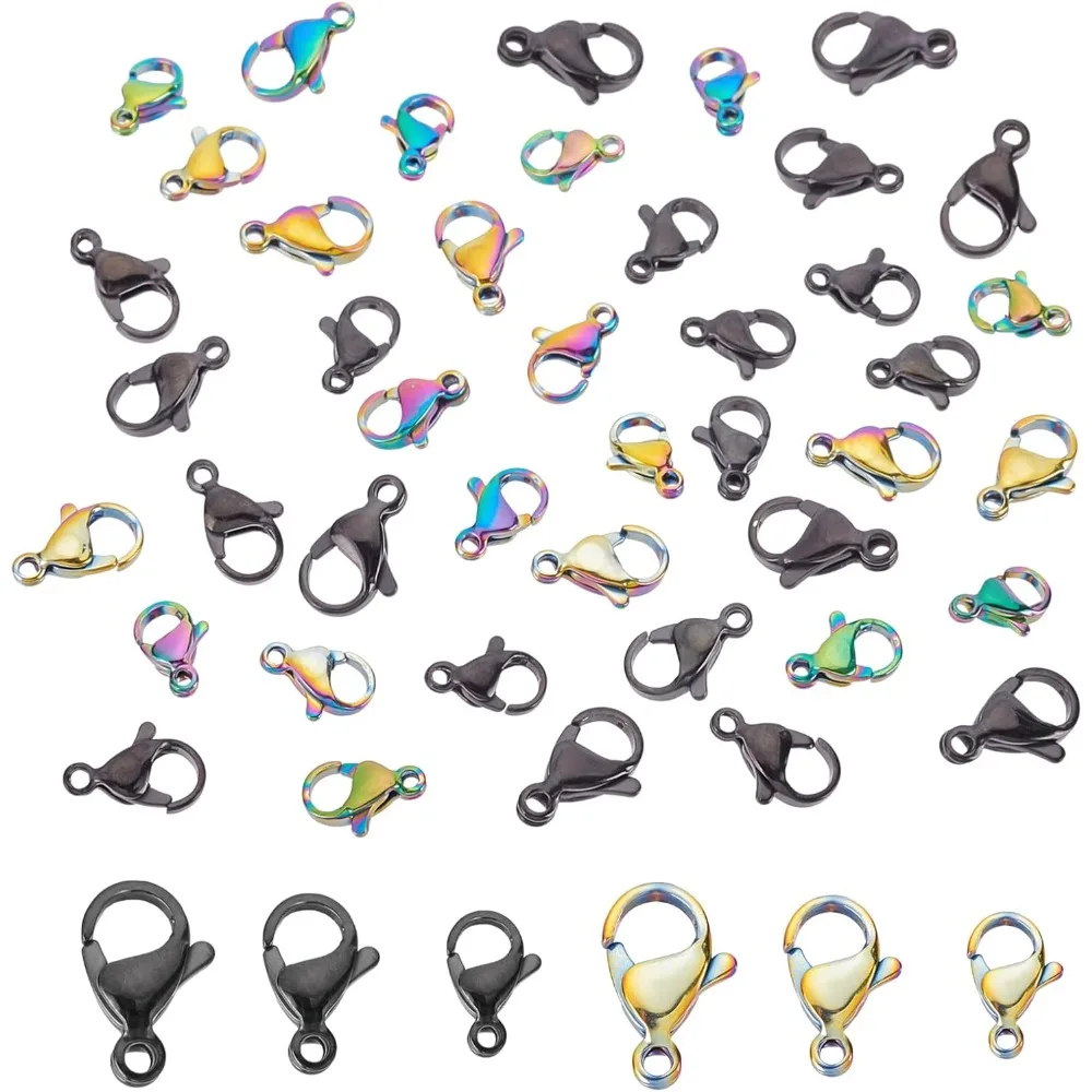 60pcs 3 Sizes 304 Stainless Steel Lobster Claw Clasps Plating Fastener Hook End Chain Clasp Rainbow Etched Parrot Trigger Clasps