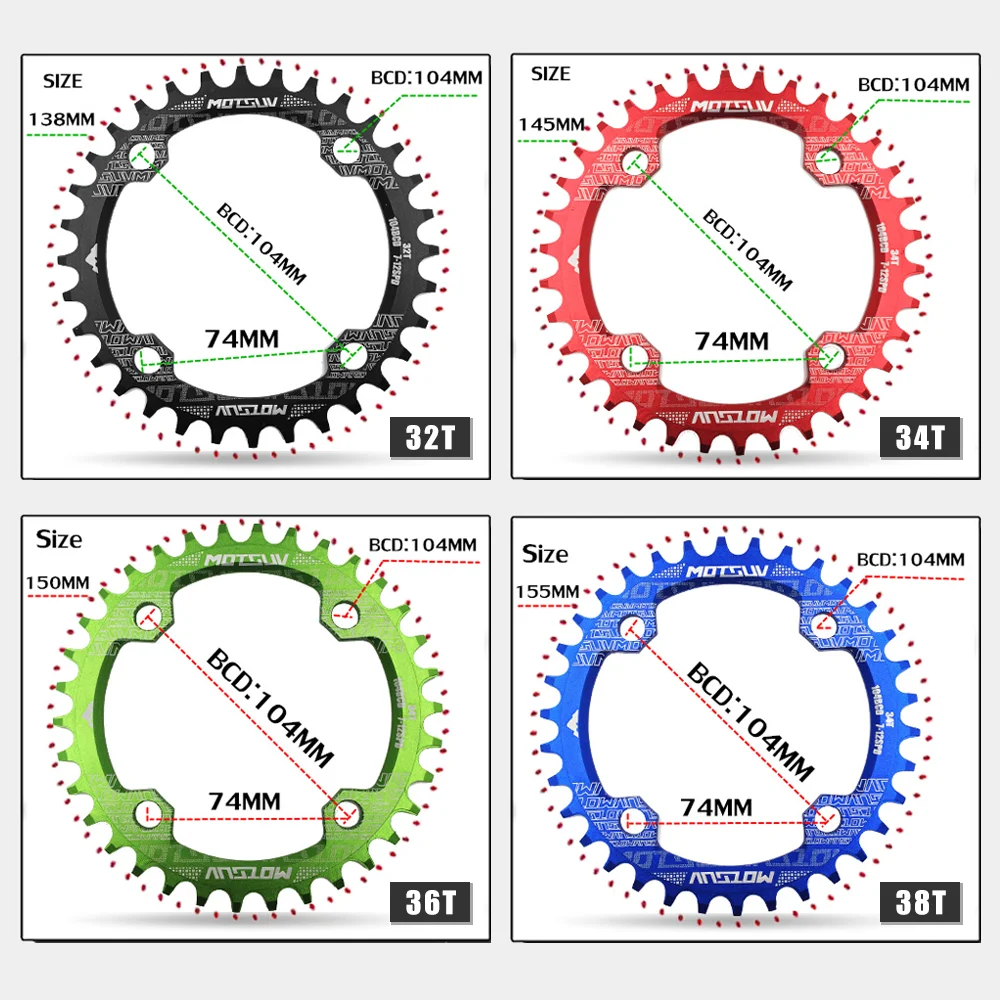 Plateau étroit et large commencerBCD 32T 34T 36T 38T, pièces de plaque dentée pour pédalier de vélo VTT 104mm