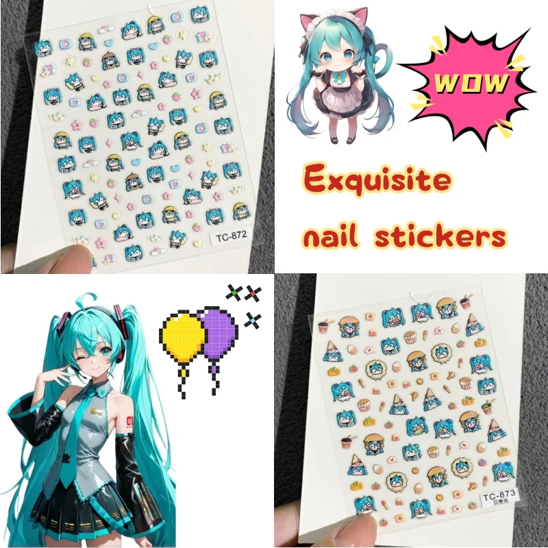 

2pcs Cute cartoon Hatsune Miku future nail relief sticker virtual electronic girl diy hand account ccd nail decoration sticker