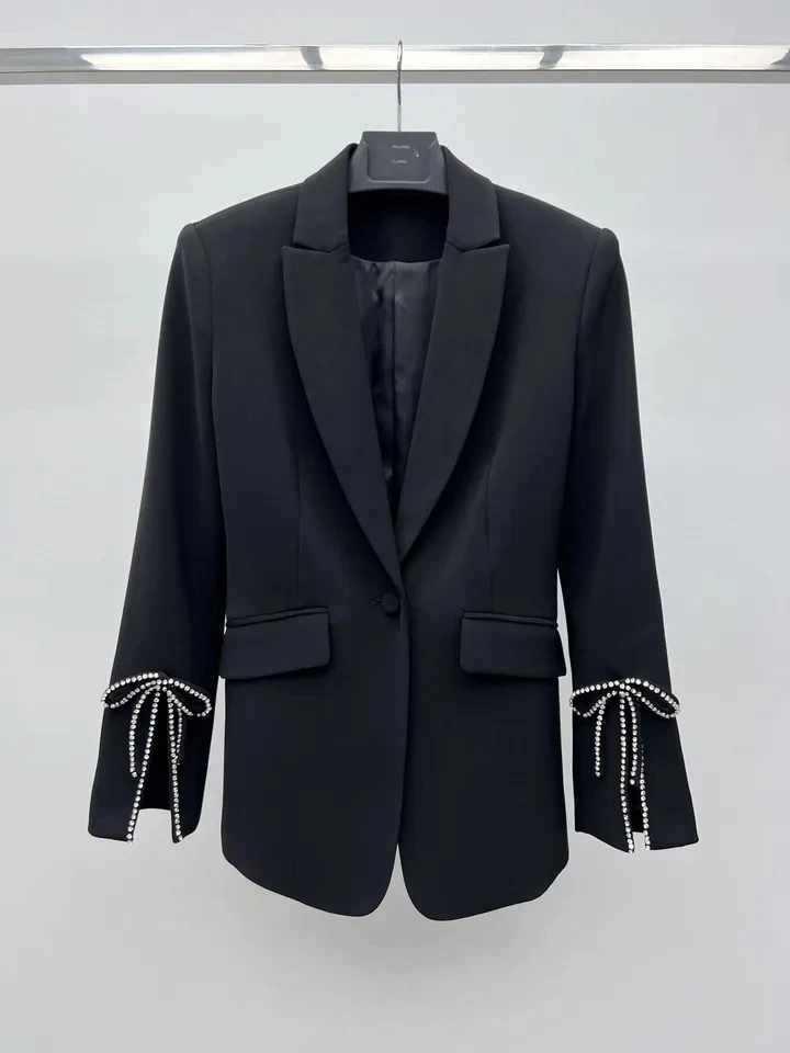 2024 Spring Luxury Fashion New Women High Quality Diamonds Bow Black 60% Wool Blazer Coat for Female