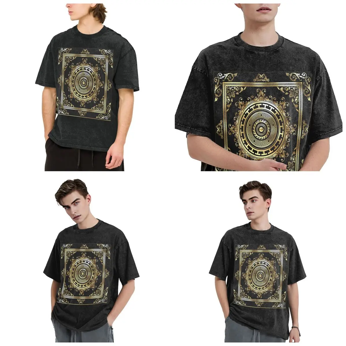 Streetwear T-Shirts Greek Keys Black Gold Medallion Meander Baroque Washed T Shirt Short Sleeve Hip Hop T-Shirt Tops Tees