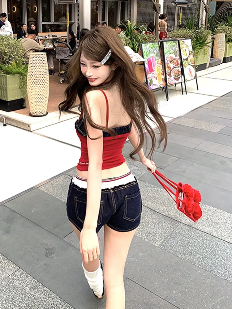 

American Cool Spicy Denim Patchwork Strap Vest Women's Summer Design Sensation Tight ortie Belly Baring Versatile Top