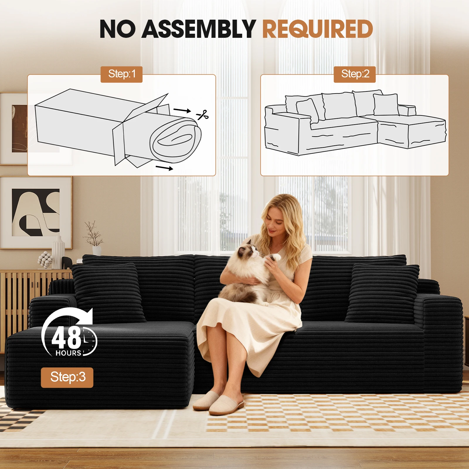 94.5" Cloud Modular Sectional Corduroy Sofa with L-Shape Chaise, No Assembly Deep Seat Corner Couch for Living Room, Black image 3