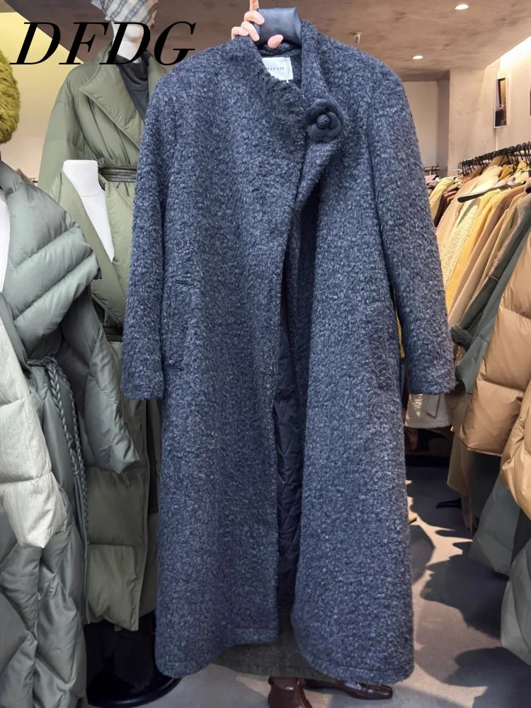 

DFDG Women's 2025 Quilted Vintage Coat Oversized Wool Blend Designer Overcoat Single Breasted Stand Collar Autumn Winter Coat