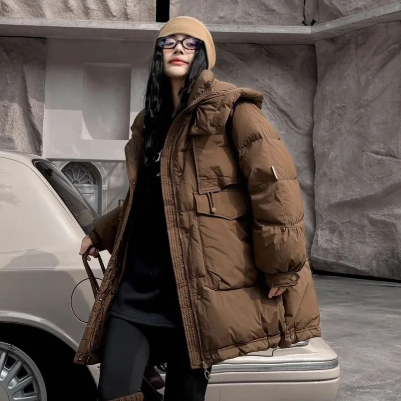 

Winter Mid Length Hooded Down Jacket Female Solid Big Pocket Warm Outwears Women White Duck Down Thickening Parker Down Jackets
