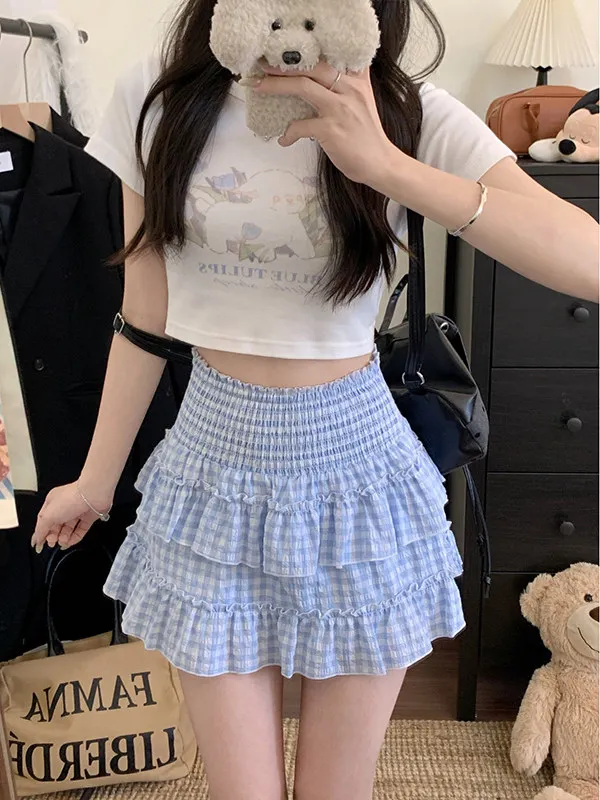 

Синяя клетчатая юбка-пачка с высокой талией для женщин, весна-лето, новая коллекция, большие размеры, приталенная, А-силуэт, короткая, пышная, средней длины