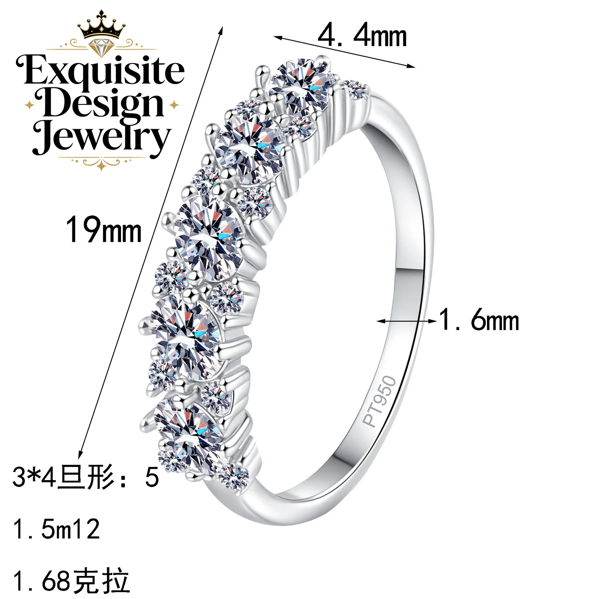 Exquisite Platinum PT950 Dazzling All Moissanite Rings for Women A Row of Egg-shaped Diamond Wedding Band Holiday Gifts