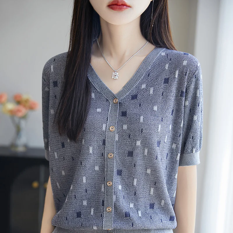 Весенне-летняя новая женская одежда, пуловеры из 100% лиоцеллового тенселя с V-образным вырезом, кардиганы, модная тонкая основа, трикотажные полурукава