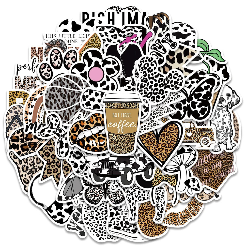 Retro Cartoon preto e branco Leopard Print Adesivos, à prova d\'água, decalques para laptop, guitarra, telefone, grafite, bicicleta, carro, 50pcs