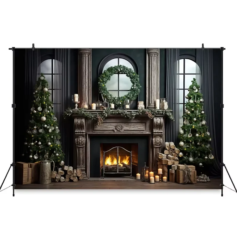 คริสต์มาสฉากหลังสําหรับถ่ายภาพ Props ในร่ม Xmas Tree หน้าต่างสีเทาเด็กภาพพื้นหลังวอลล์เปเปอร์ตกแต่ง Photozone