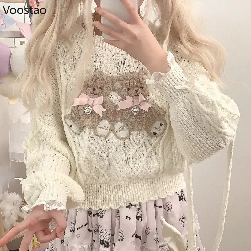 Vintage Sweet Lolita Style Knitted Pullover Girls Cute Plush Cartoon Bear Embroidery Bow Sweater Women Harajuku Knitwear Tops