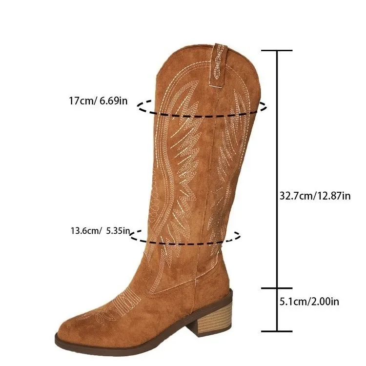 

2025 Women's Fashion Embroidered Pointy Western Cowboy Boots Spring and Autumn Faux Suede Side Zipper Block Heel Long Boots 43