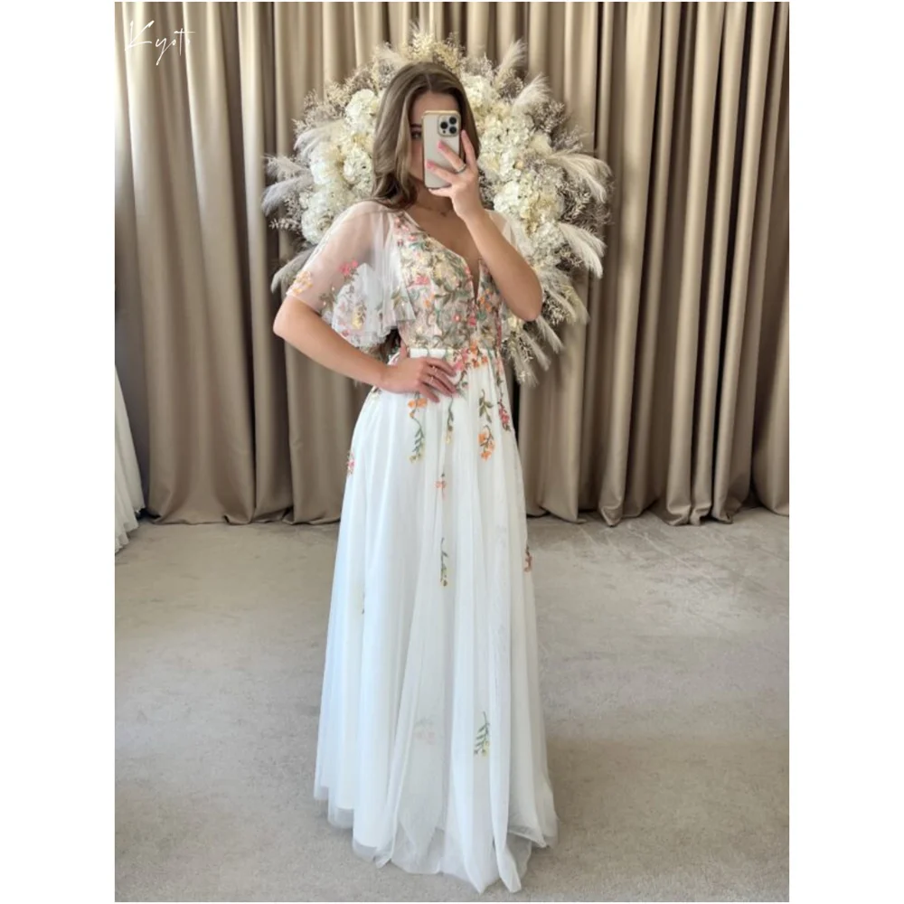 

Kyoto Customized Flower Embroidery V-Neck Short Sleeve Wedding Dress Sweep Train Split vestidos de novia Zip Back Evening Dresse