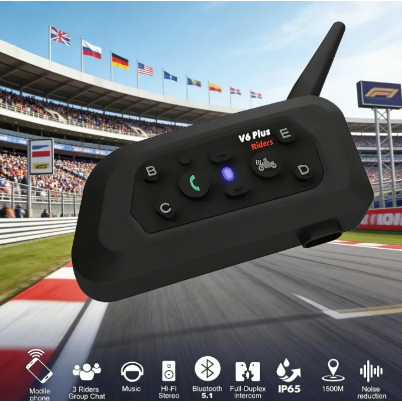 

V6 PRO+ Wireless Waterproof Motorcycle Intercom BT5.1 6 Riders Helmet Headset 800m Music Player Communication Interphone