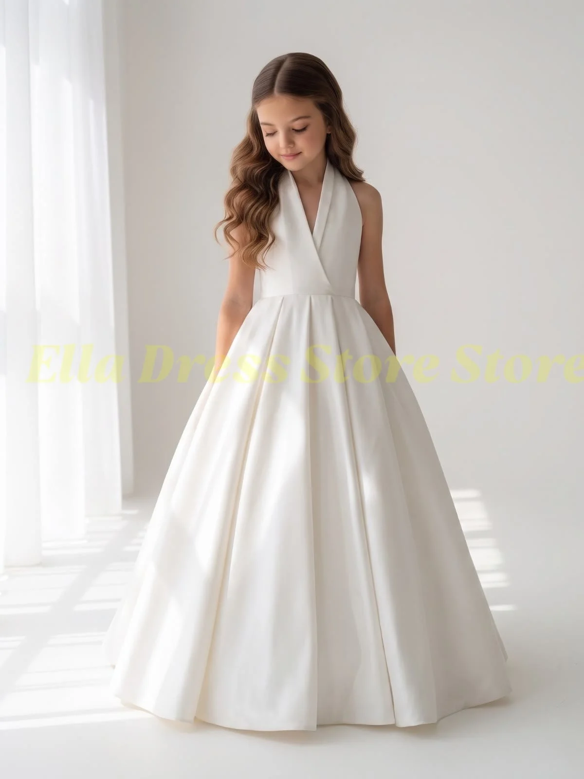Großhandel Satin Puffy Blumenmädchenkleid für Hochzeit, Geburtstag, Festzug, Formelle Kleider, A-Linie, bodenlang, Kinder-Prinzessinnenkleider – Detail 5