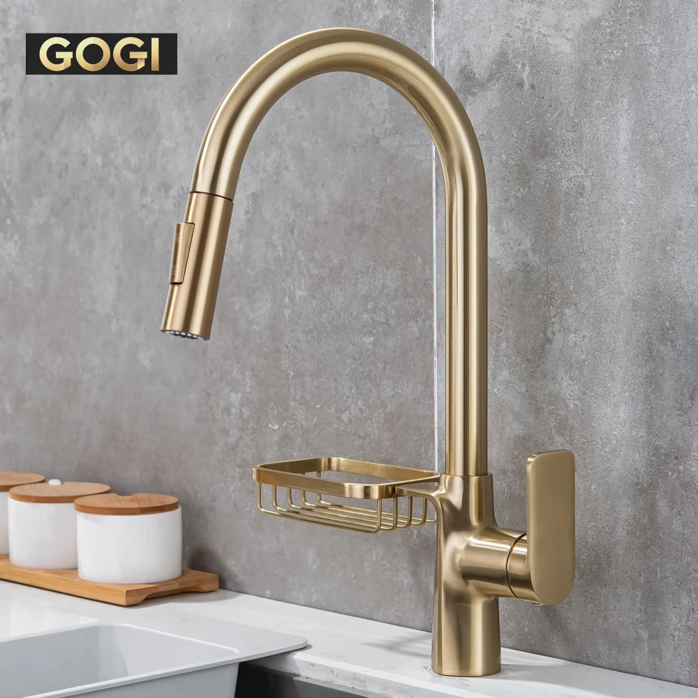 GOGI Brushed Gold Solid Brass Kitchen Sink Faucet Pull‑Out Mixer Tap with Soap Sponge Holder Ceramic Valve Core 2 Water Modes