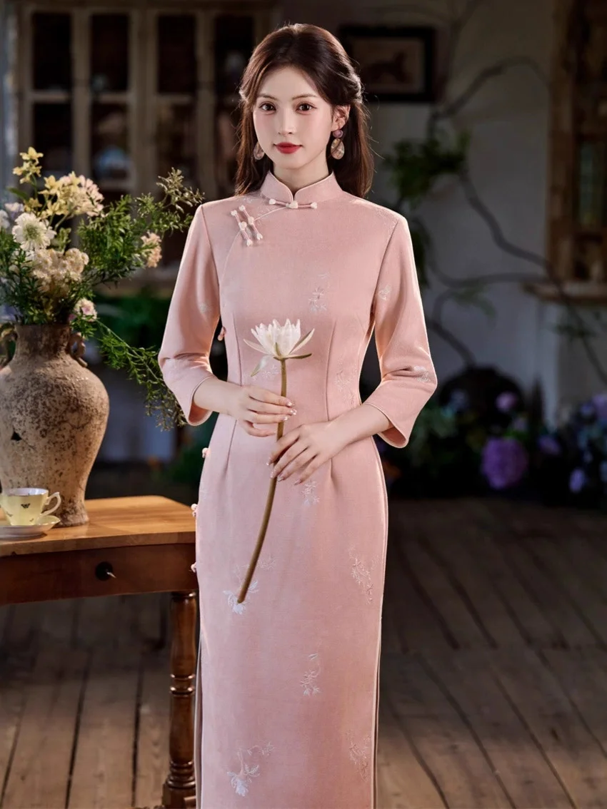 

Traditional Female Long Qipao Purple Jacquard Chinese Dress Vintage Cheongsam Sexy Elegant Slim Qipaos Fairy Princess Vestidos