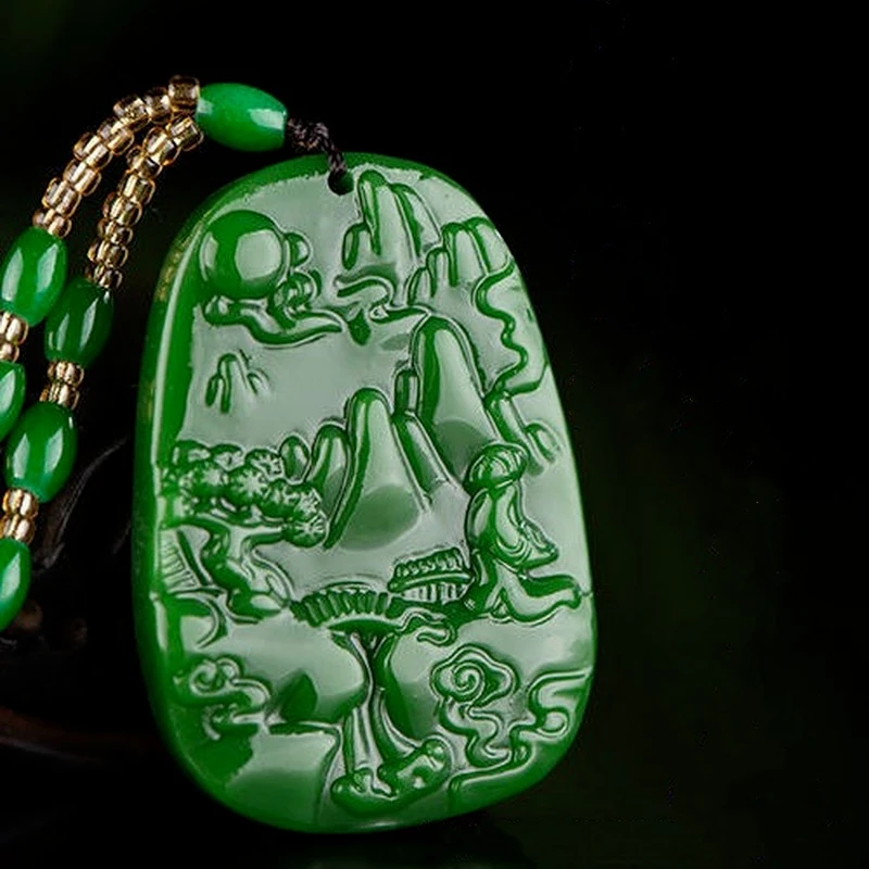 

Natural Green Hand-carved Landscape Jade Pendant Fashion Boutique Jewelry Men and Women Landscape Painting Necklace