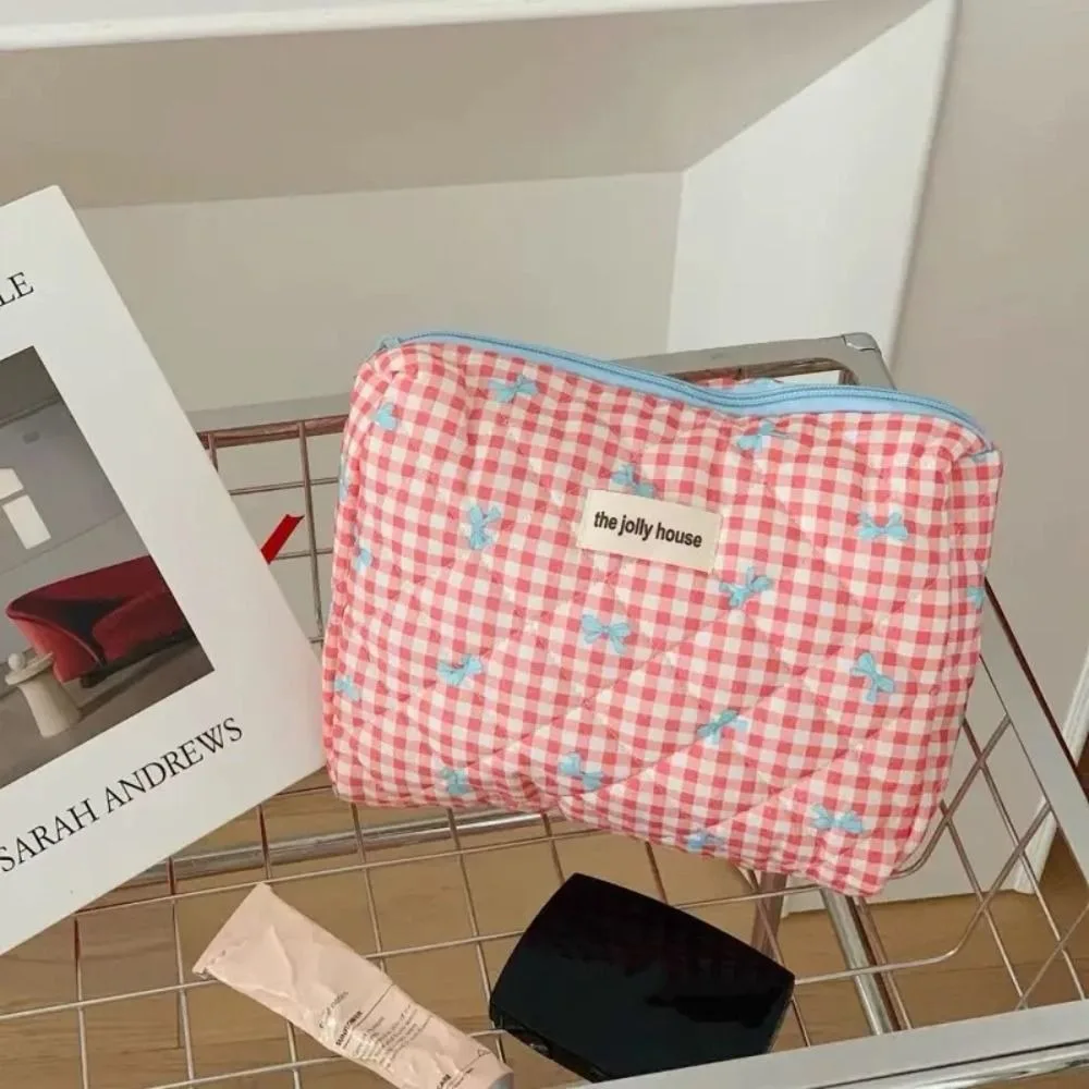 Large Capacity Lattice Cosmetic Bag with Zipper Korean Style Cute Storage Bag Colorful Bow Pattern Portable Makeup Bag Travel